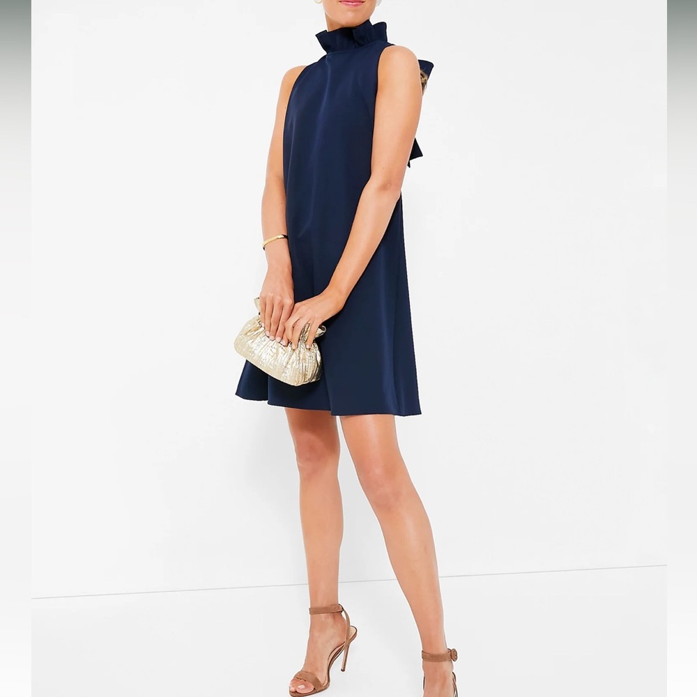 Tuckernuck Navy Ruffle High-Neck Shift Dress